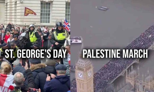 London authorities defend using mounted riot police against St. George’s Day crowd for going outside assigned area. Let’s roll the tape and see how they treat climate, LGBT, and Muslim protesters.