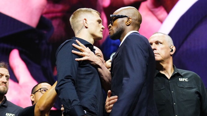 Ian Machado Gary and Michael Page face-off at the UFC 303 press conference in Las Vegas ahead of their welterweight bout. (Chris Unger/Zuffa LLC via Getty Images)