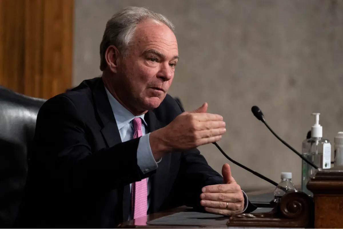 Sen. Tim Kaine (D-VA) speaks during a Senate Foreign Relations Committee hearing to examine U.S.-Russia policy at the U.S. Capitol on Dec. 7, 2021, in Washington.(Alex Brandon-Pool/Getty Images)