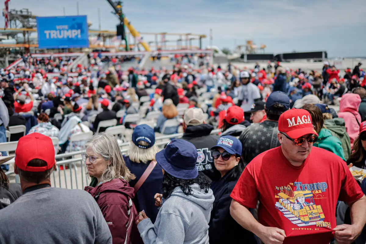 Supporters of former President Donald Trump wait for the start of a campaign rally on Wildwood Beach in Wildwood, N.J., on May 11, 2024. (Michael M. Santiago/Getty Images)