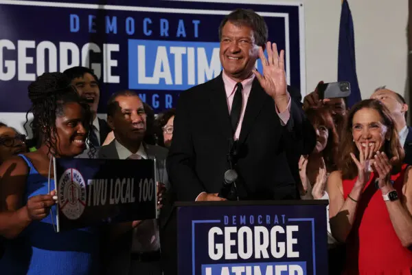 Westchester County Executive George Latimer speaks to supporters after winning his race against Democratic incumbent Representative Jamaal Bowman in the 16th Congressional District of New York's Democratic primary on June 25, 2024. (Spencer Platt/Getty Images)