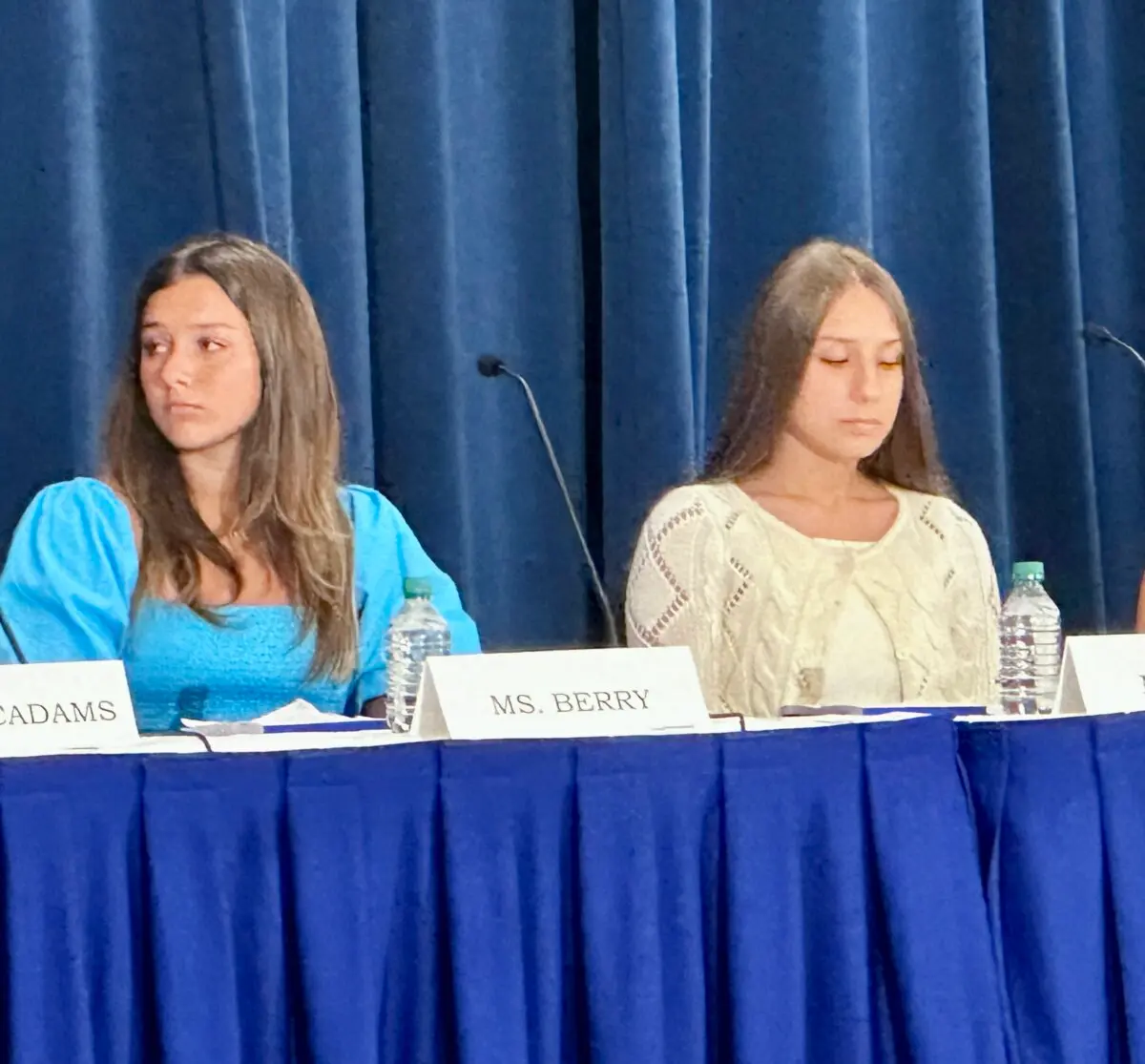 Teenagers Elliston Berry (L) of Aledo, Texas, and Francesca Mani of Westfield, N.J., testified that they were victims of nonconsensual intimate imagery generated by artificial intelligence at a hearing in Dallas on June 26, 2024. (Darlene McCormick Sanchez/The Epoch Times)