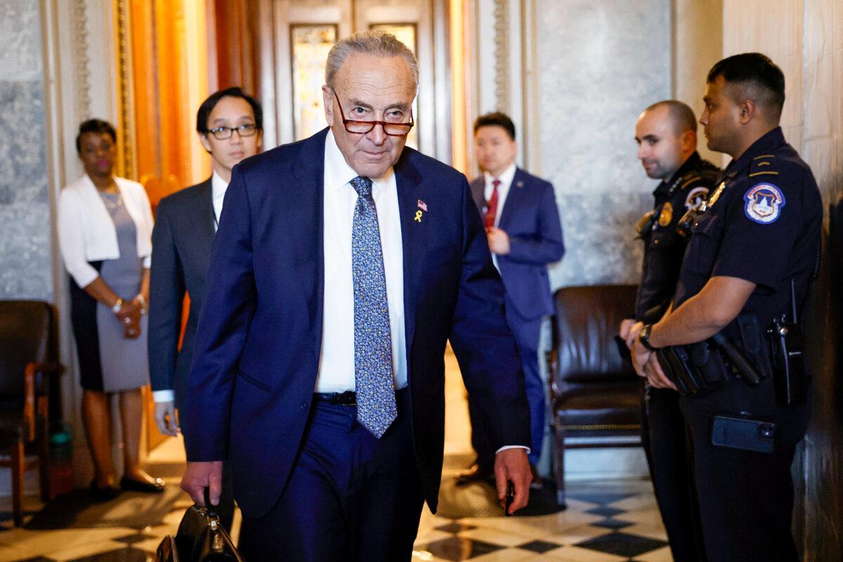 Senate Majority Leader Chuck Schumer (D-N.Y.) departs from the Senate Chambers in the U.S. Capitol Building in Washington on March 14, 2024. (Anna Moneymaker/Getty Images)