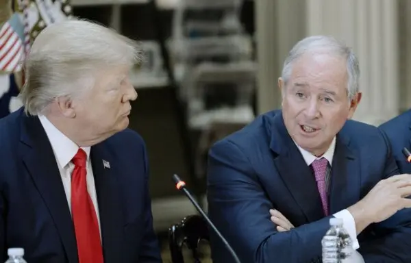 Stephen A. Schwarzman, chairman, CEO and co-founder of Blackstone, speaks alongside President Donald Trump at the State Department Library in Washington, on April 11, 2017. (Olivier Douliery/Getty Images)