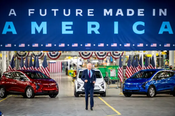 President Joe Biden arrives at the General Motors Factory ZERO electric vehicle assembly plant in Detroit, Mich., in 2021. (Nic Antaya/Getty Images)