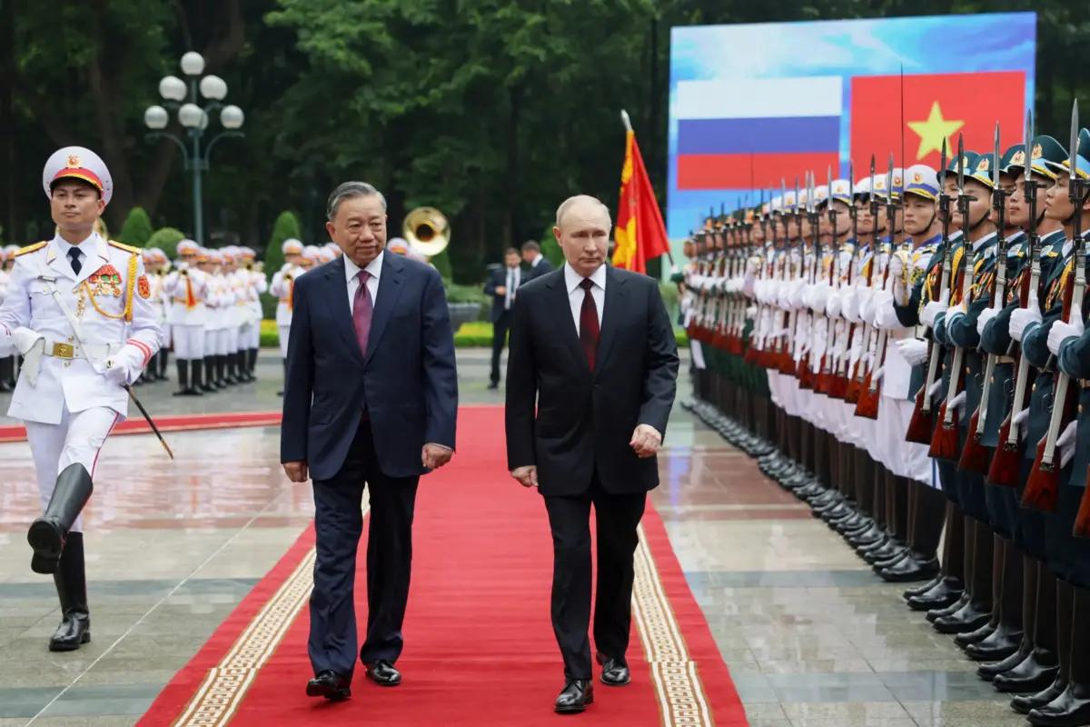 Russia's President Vladimir Putin participates in a welcome ceremony hosted by Vietnam's President To Lam, at the Presidential Palace in Hanoi, Vietnam, on June 20, 2024. (Sputnik/Gavriil Grigorov/Pool via REUTERS)