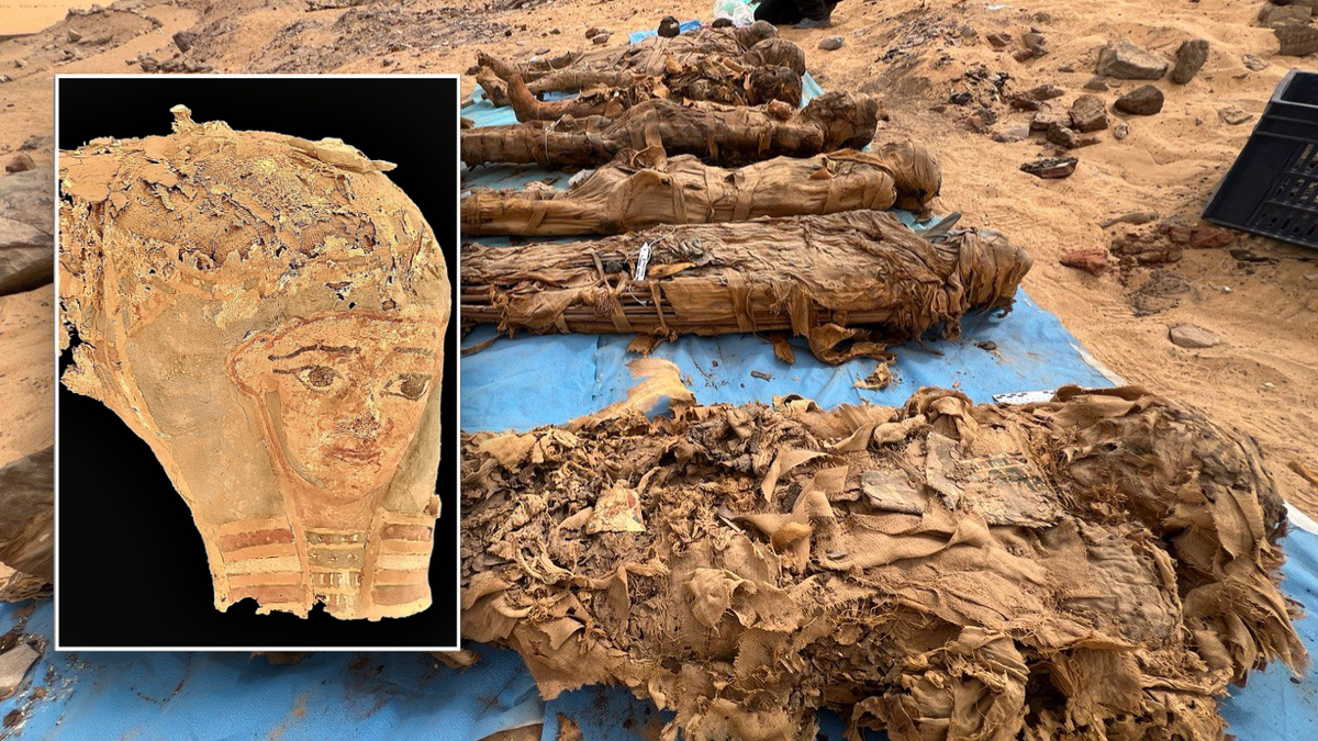 Split image of funerary mask and mummies laying on ground