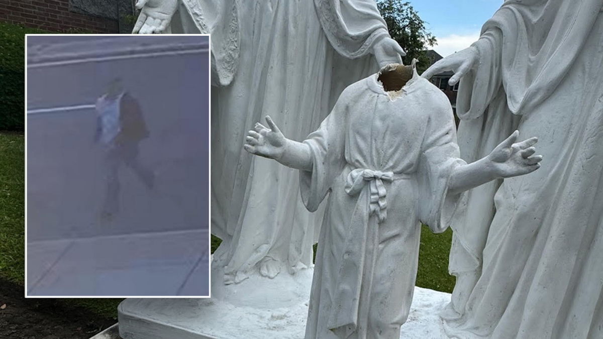 Split image of suspect and destroyed statue