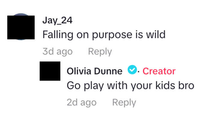 Olivia Dunne destroys troll. (Credit: Olivia Dunne/TikTok)