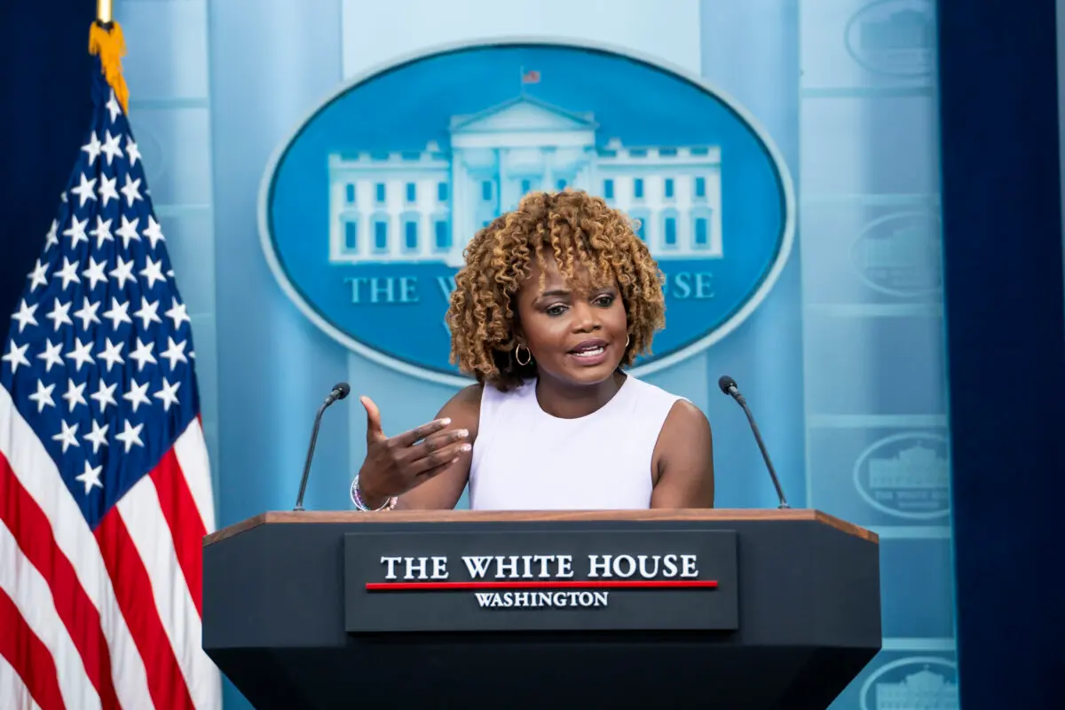 White House Press Secretary Karine Jean-Pierre speaks during a press briefing at the White House in Washington on July 2, 2024. (Madalina Vasiliu/The Epoch Times)