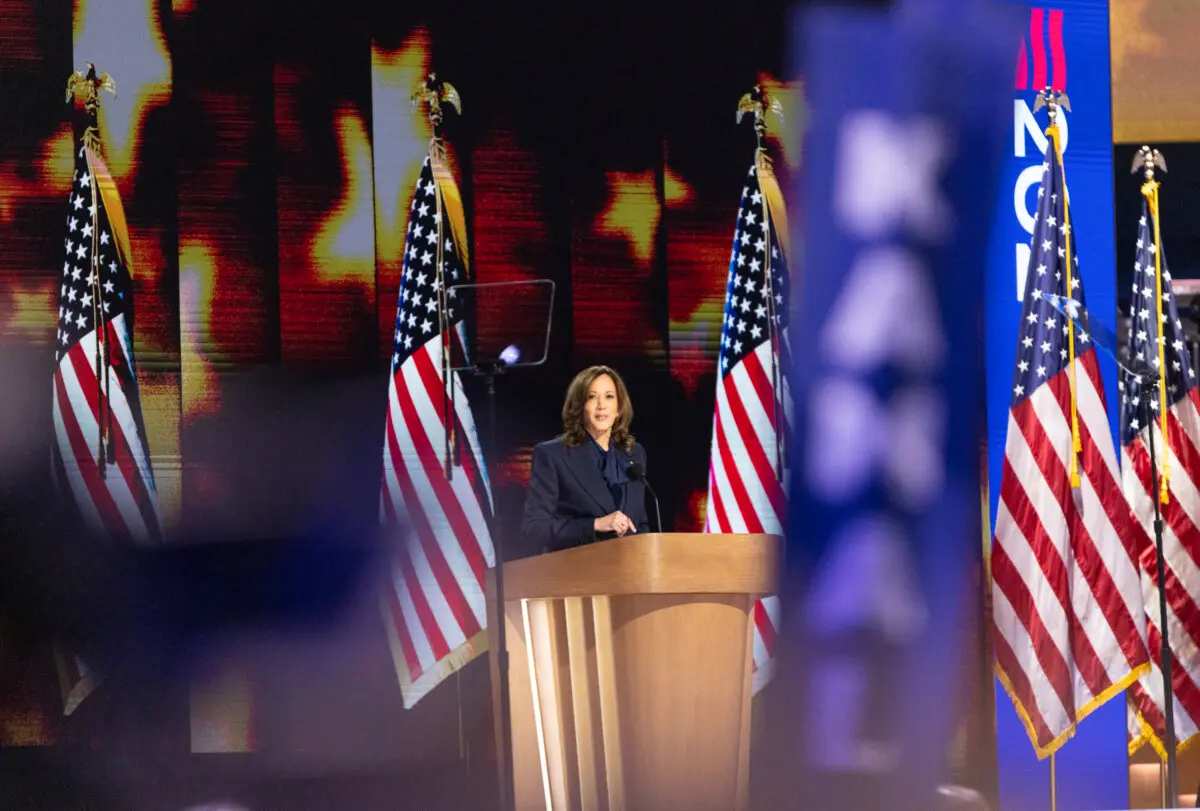 Presidential candidate and Vice President Kamala Harris speaks at the 2024 DNC held in Chicago, Ill., on Aug. 22, 2024. (John Fredricks/The Epoch Times)