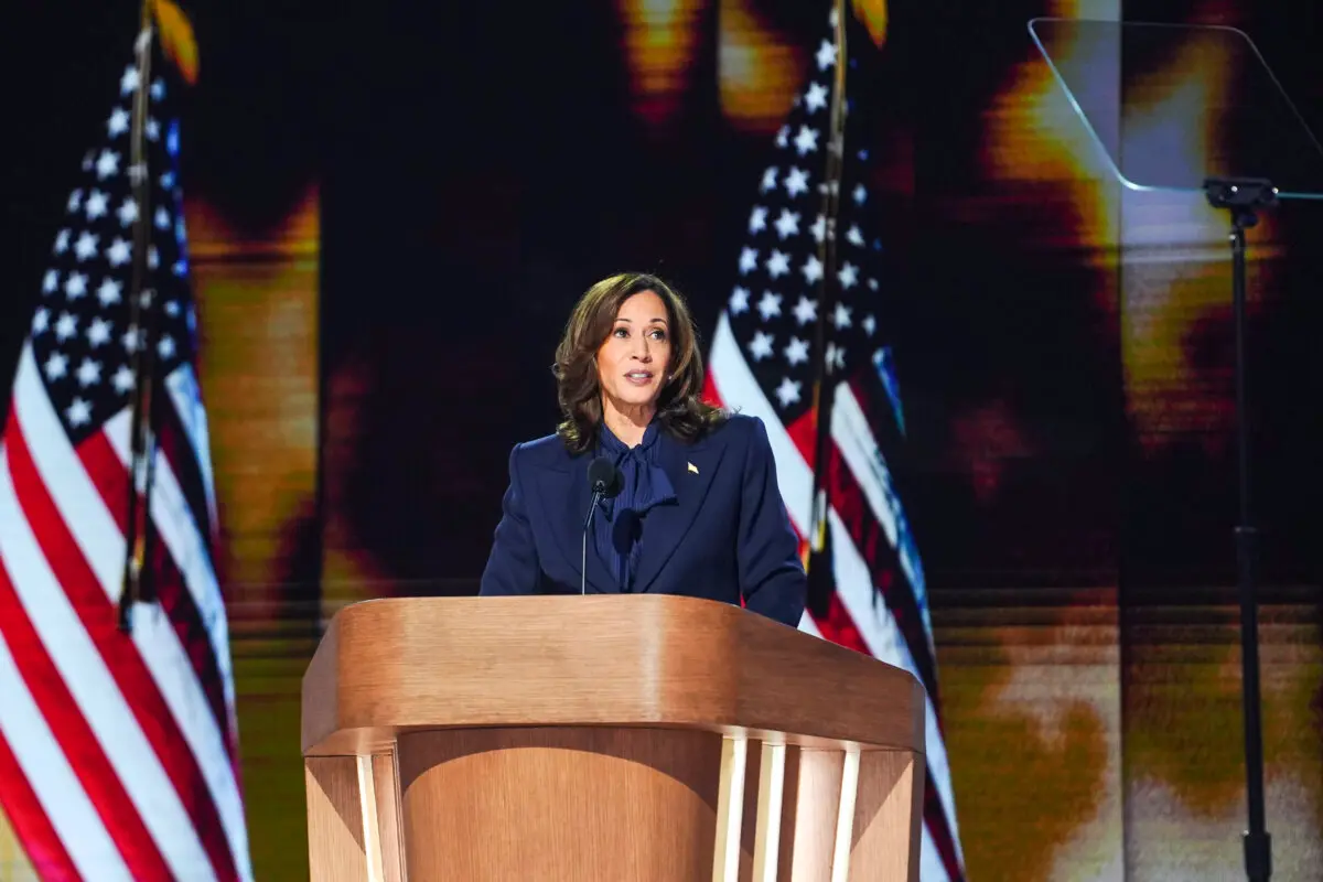 Democratic presidential nominee, Vice President Kamala Harris, speaks on the last day of the Democratic National Convention in Chicago on Aug. 22, 2024. (Madalina Vasiliu/The Epoch Times)