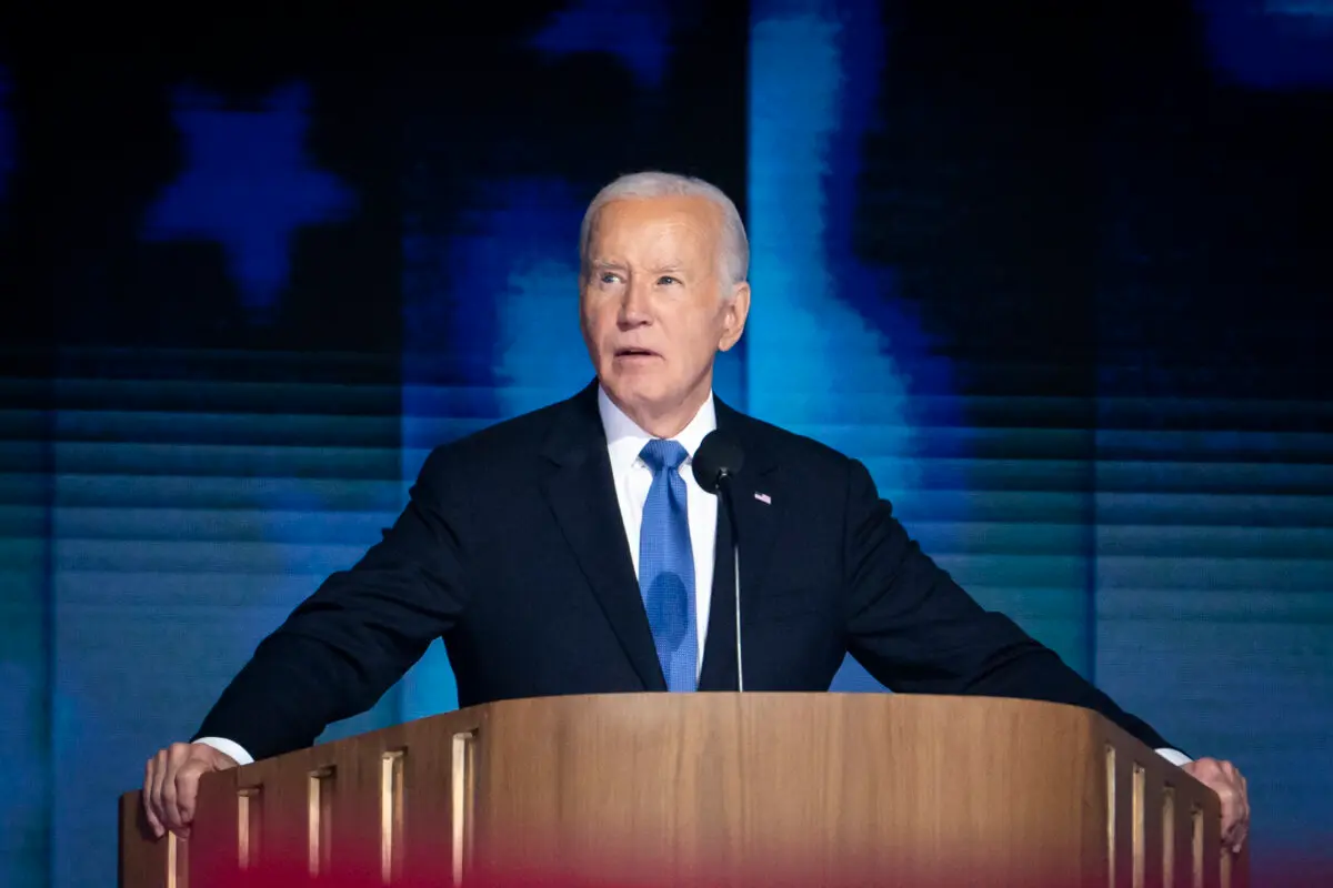 President Joe Biden speaks during the first day of the Democratic National Convention in Chicago on Aug. 19, 2024. (Madalina Vasiliu/The Epoch Times)