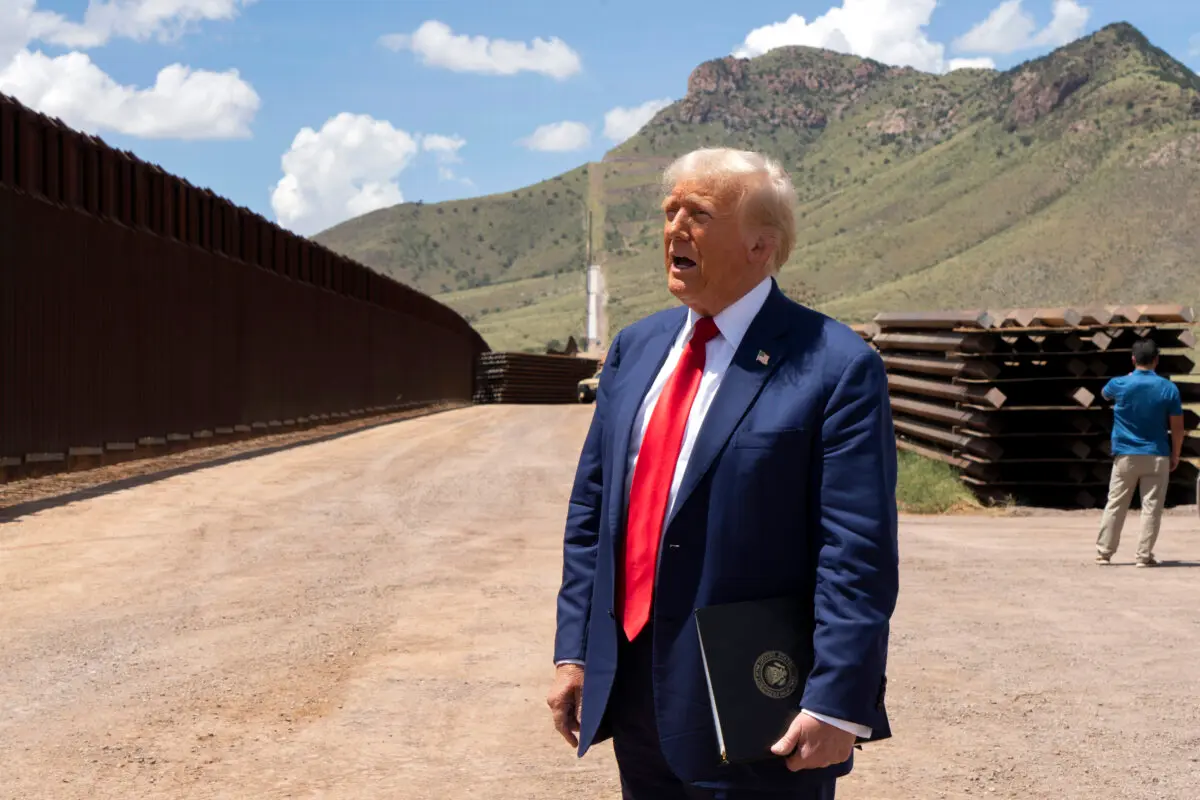 Republican presidential nominee and former President Donald Trump walks along the U.S.–Mexico border south of Sierra Vista, Ariz., on Aug. 22, 2024. (Rebecca Noble/Getty Images)