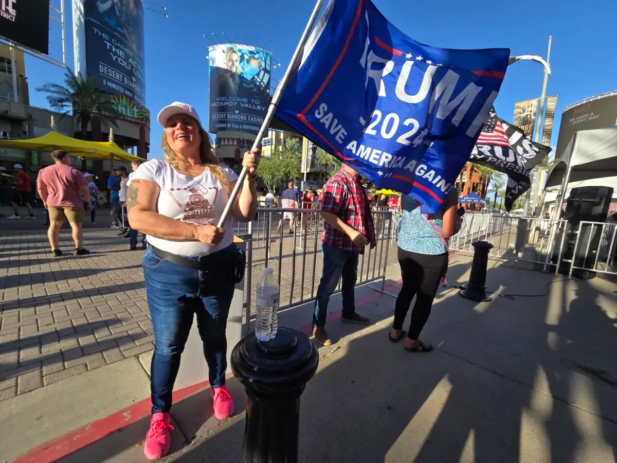 Tina Morales from Florence attends a Donald Trump rally in Glendale, Ariz., on Aug. 23, 2024. (Allan Stein/The Epoch Times)