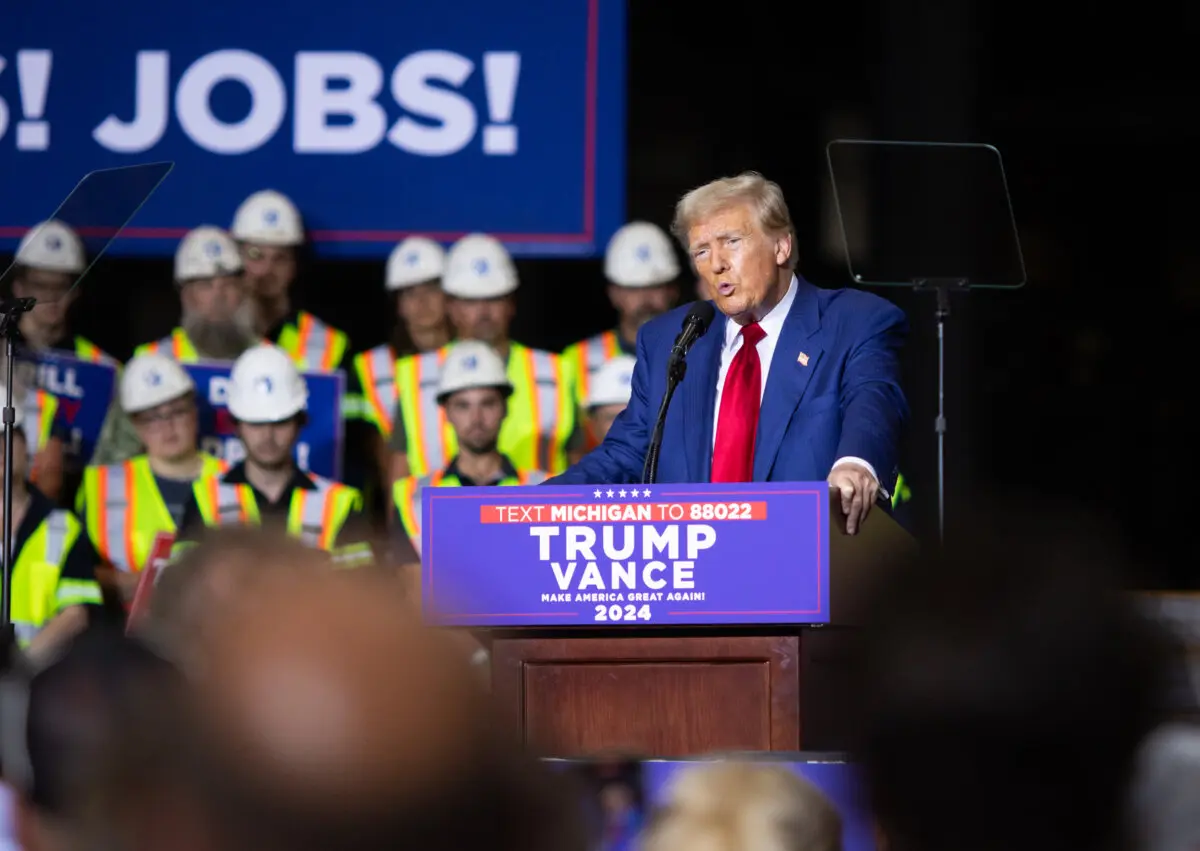 Former president and 2024 presidential nominee Donald Trump speaks in Potterville, Mich., on Aug. 29, 2024. (John Fredricks/The Epoch Times)