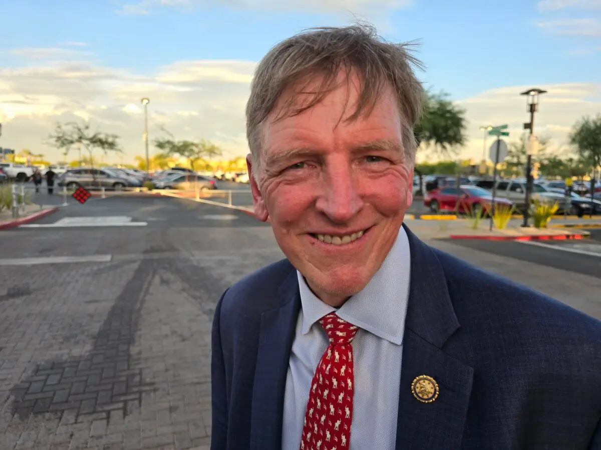 Rep. Paul Gosar (R-Ariz.) talks to a reporter outside a rally in Glendale, Ariz., on Aug. 23, 2024. (Allan Stein/The Epoch Times)