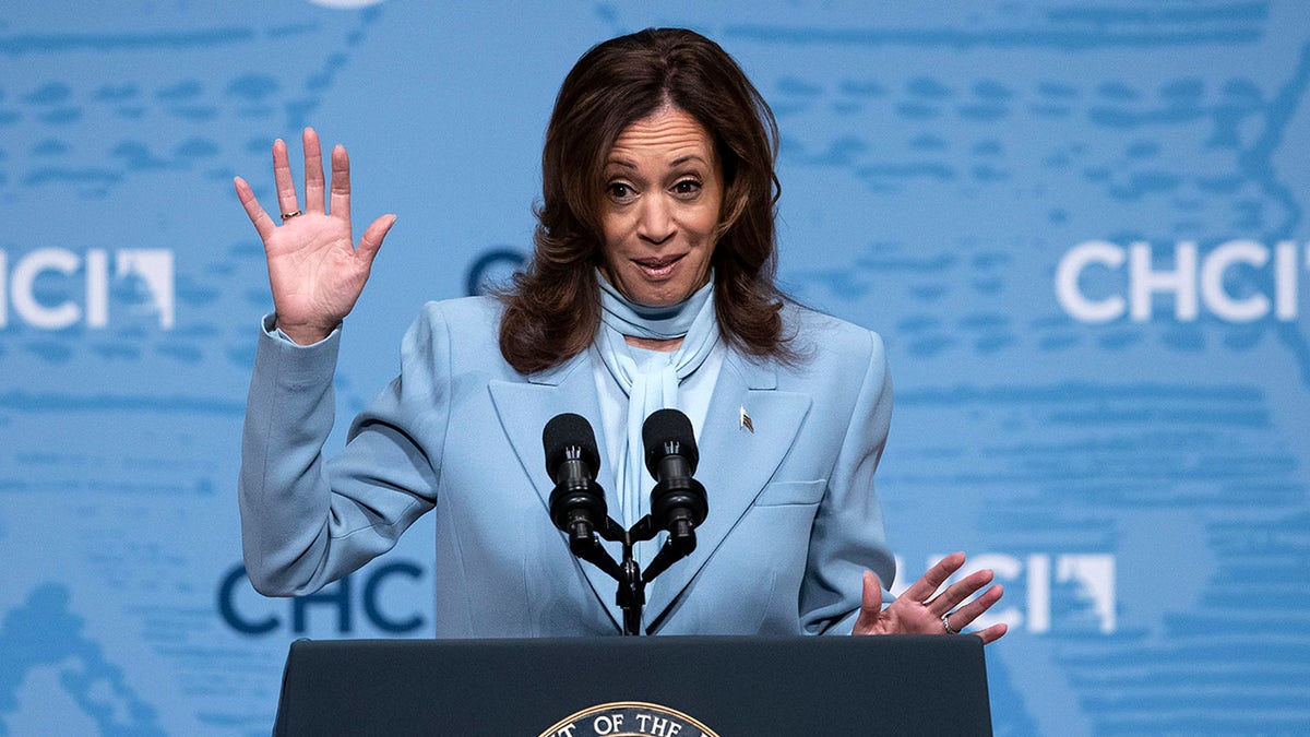 Harris on stage during Hispanic caucus event 