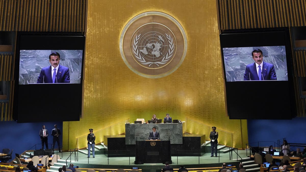 Qatar Amir Sheikh Tamim bin Hamad Al Thani addresses the 79th session of the United Nations General Assembly on Tuesday, Sept. 24, 2024.