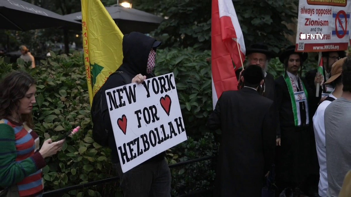 anti-Israel protester holding Hezbollah sign and flag