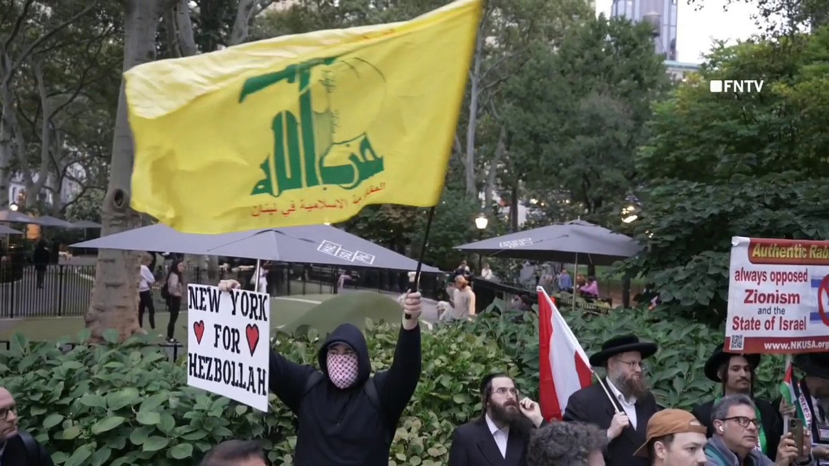 anti-Israel protester holding Hezbollah sign and flag