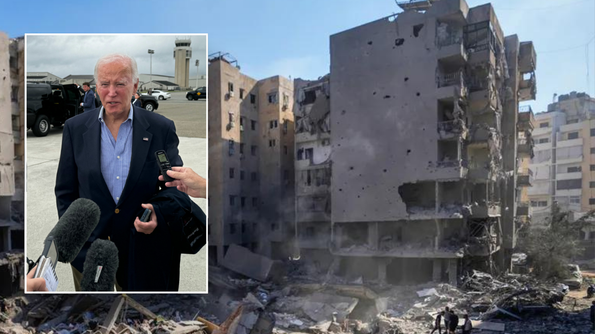 Split image of Biden, Beirut rubble