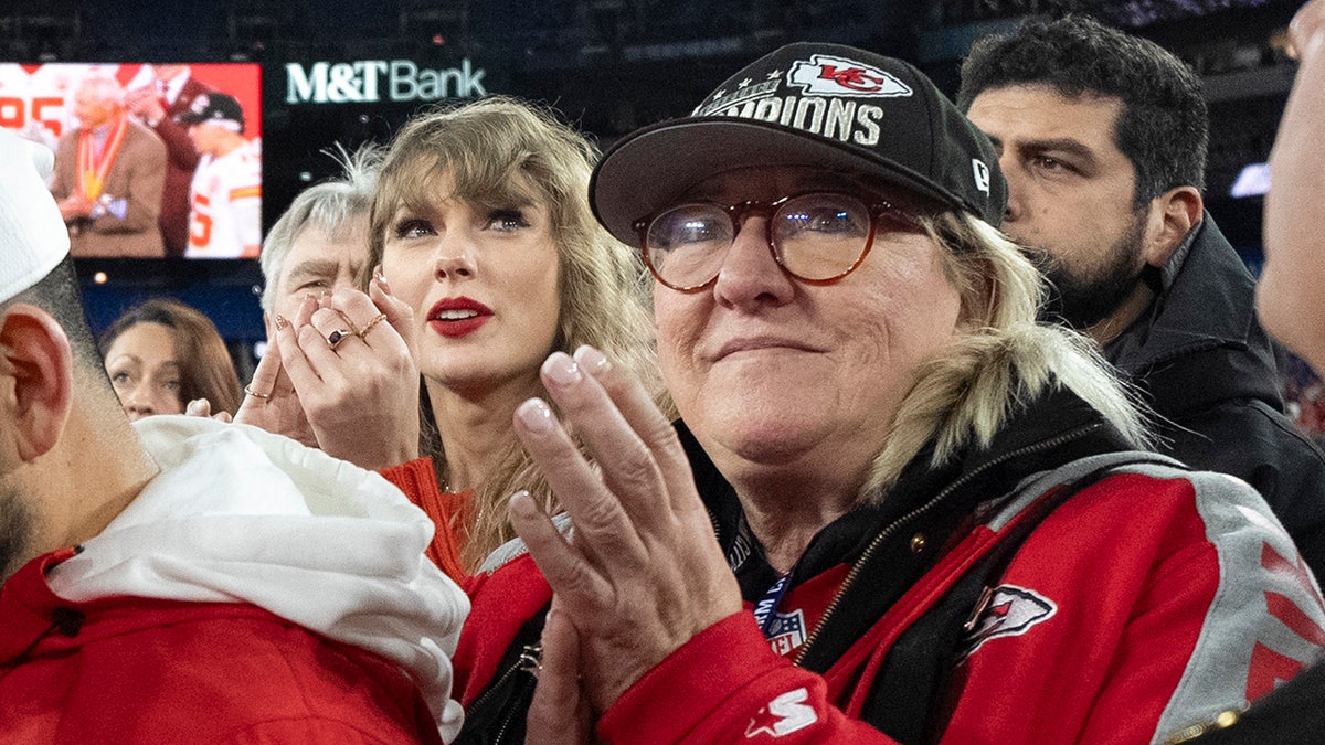 Taylor Swift stands with Donna Kelce after the AFC championship game between the Kansas City Chiefs and the Baltimore Ravens Jan. 28, 2024, in Baltimore.  