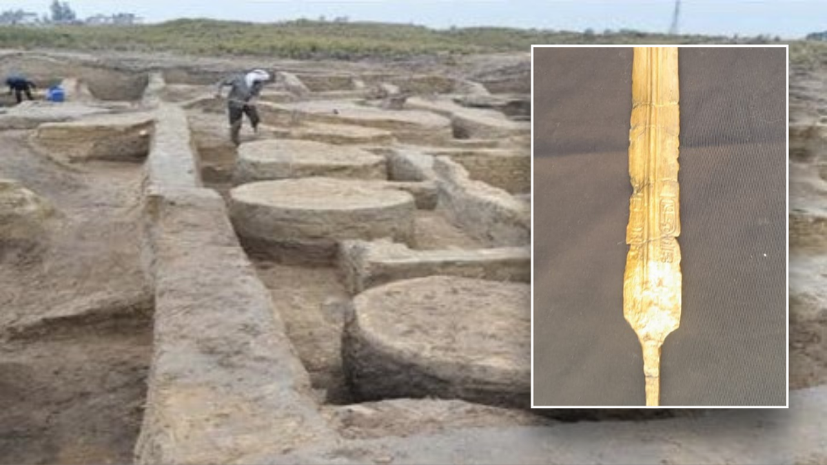 Split image of sword and dig site