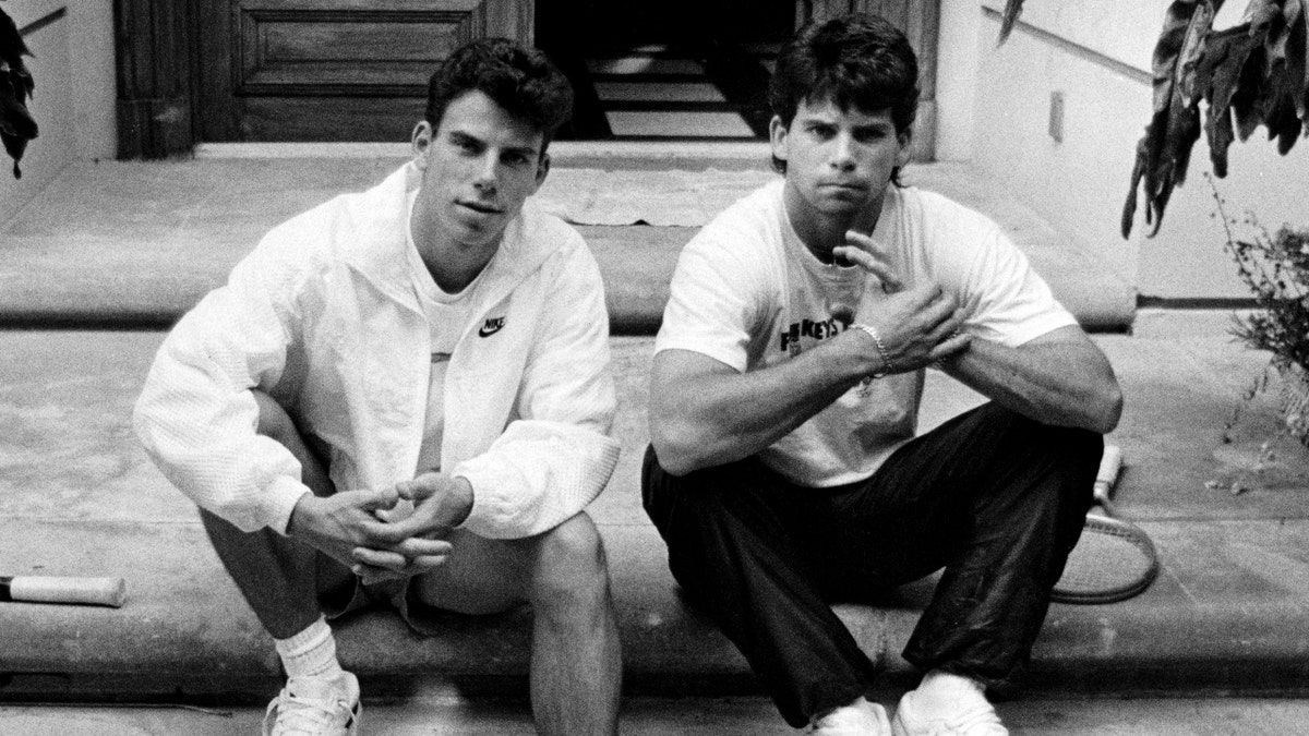 Menendez brothers, Erik, left, and Lyle on the steps of their Beverly Hills home in November, 1989. 