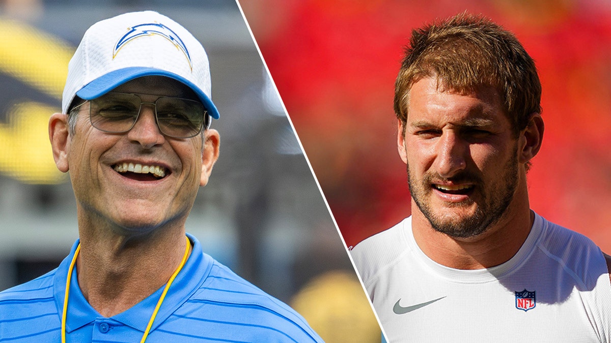 Jim Harbaugh and Joey Bosa side by side