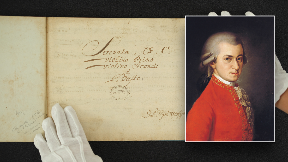 Split image of 1780 document and Mozart portrait