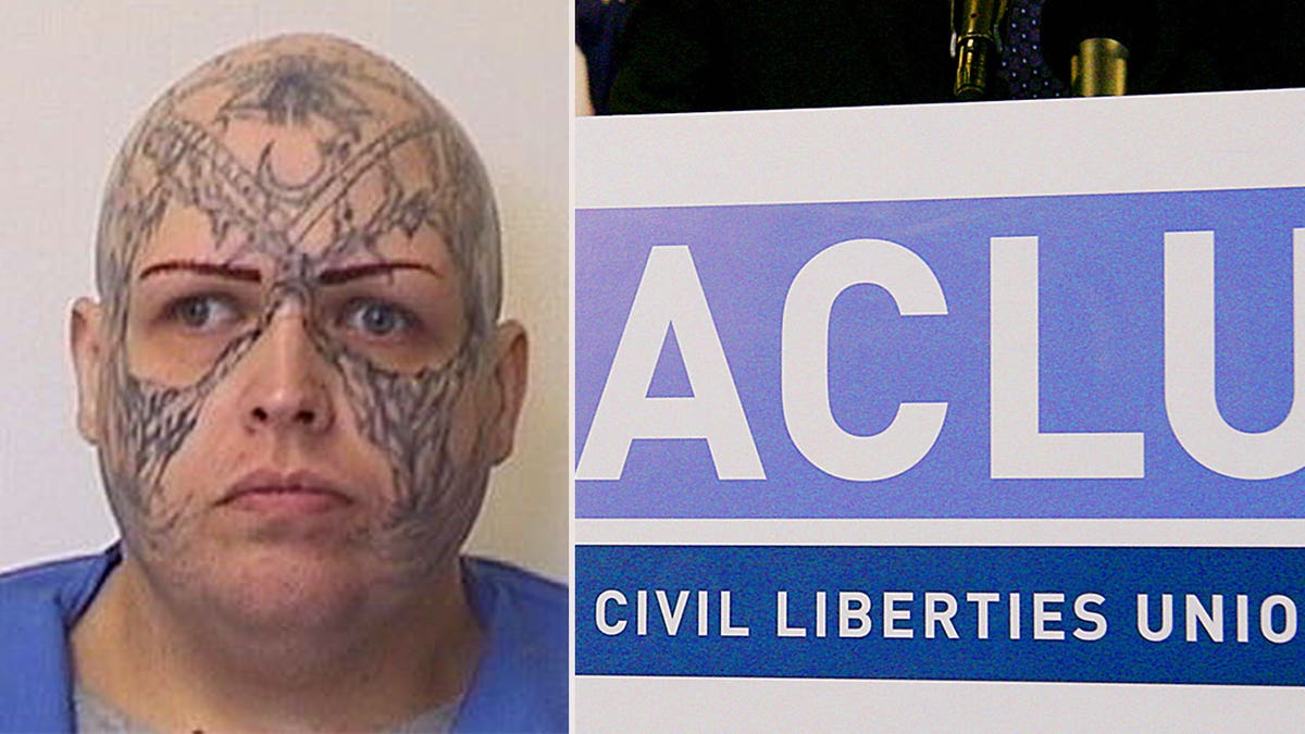 tattooed inmate's headshot, left; ACLU sign, right