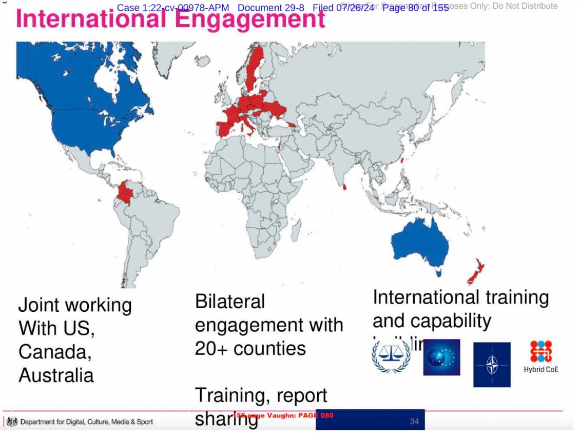 International Engagement map with highlighted countries in blue and red. Text includes: 