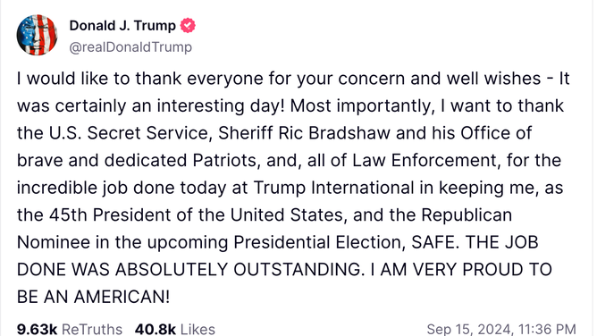 Donald Trump releases new statement after surviving second assassination attempt. (Credit: Donald Trump/Truth Social)