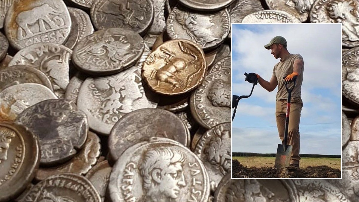 Collection of ancient coins in background and picture of finder excavating coins