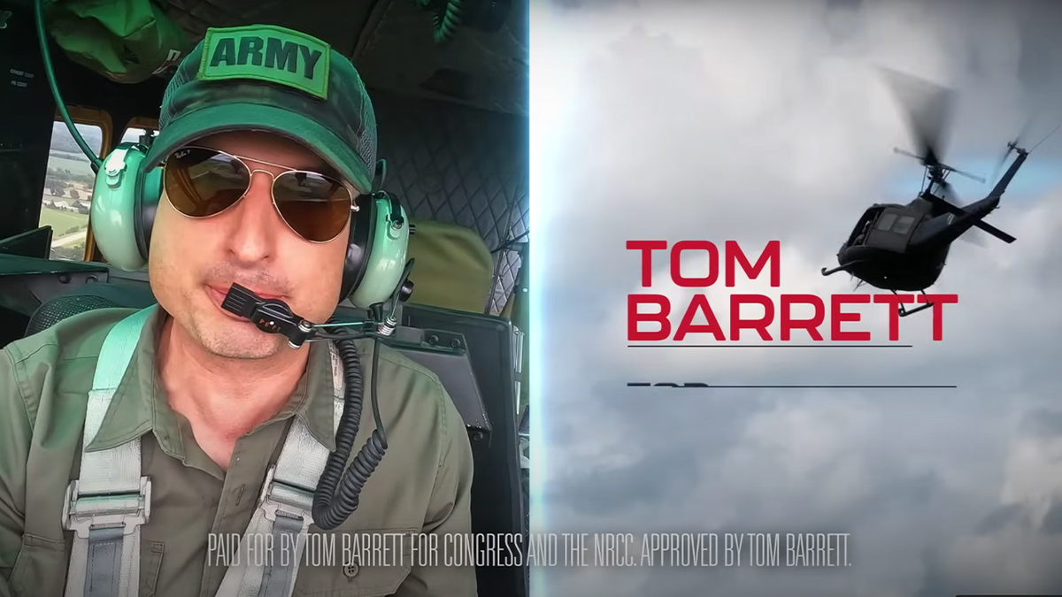 Tom Barrett ad still shot, left, Barrett in chopper; right, helicopter flying