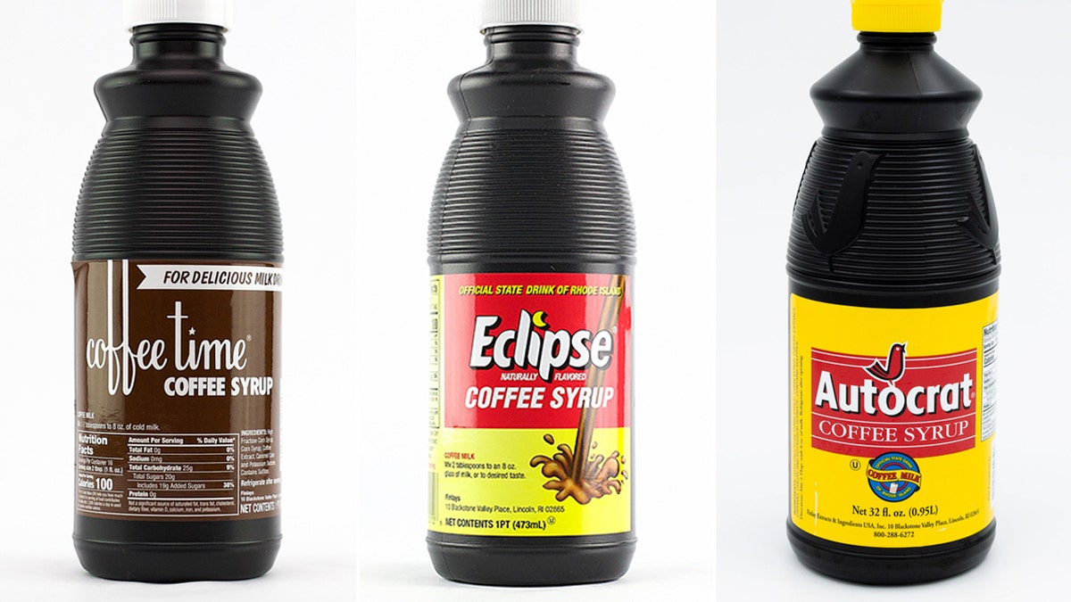 Three bottles of coffee syrup.