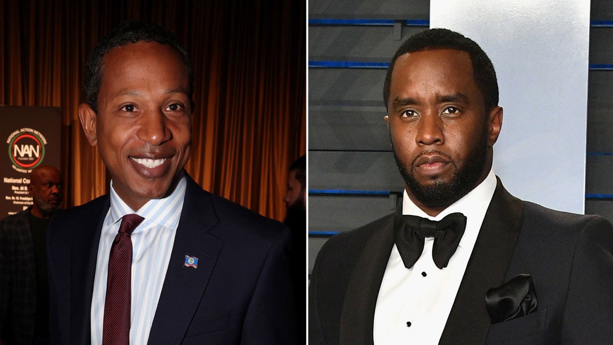 Former rapper Shyne wears a suit next to Diddy in a black tuxedo.