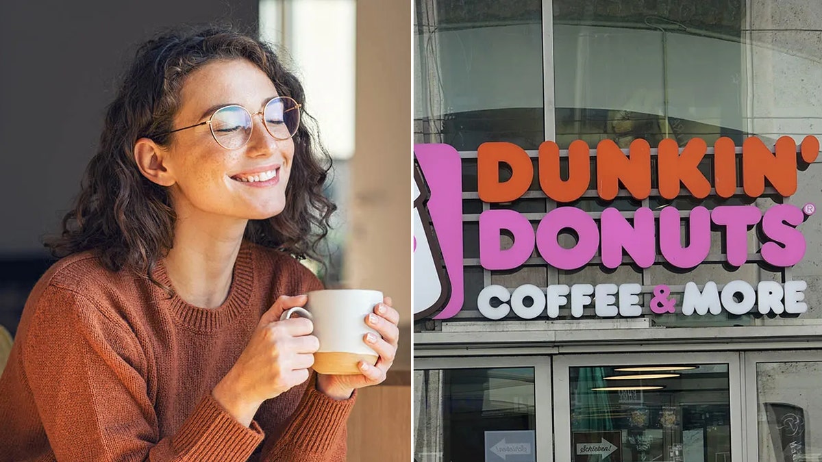 Person drinking coffee and Dunkin Donuts sign