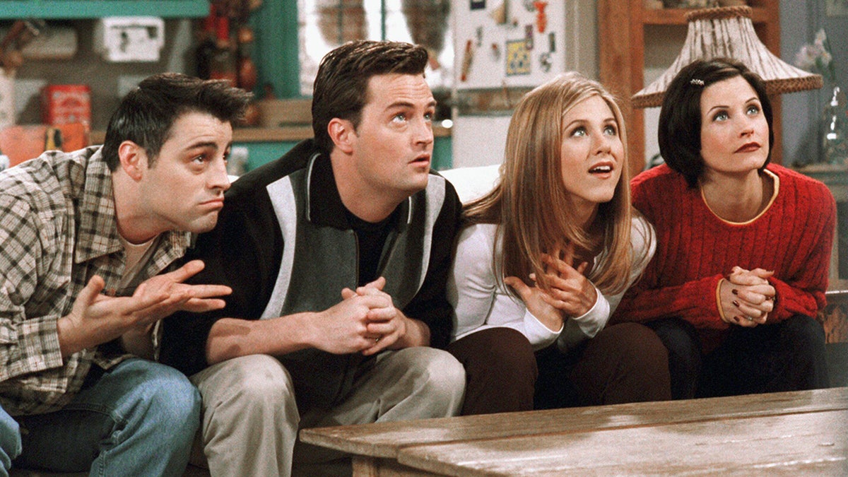 Matthew LeBlanc, Matthew Perry, Jennifer Aniston and Courteney Cox in character on 