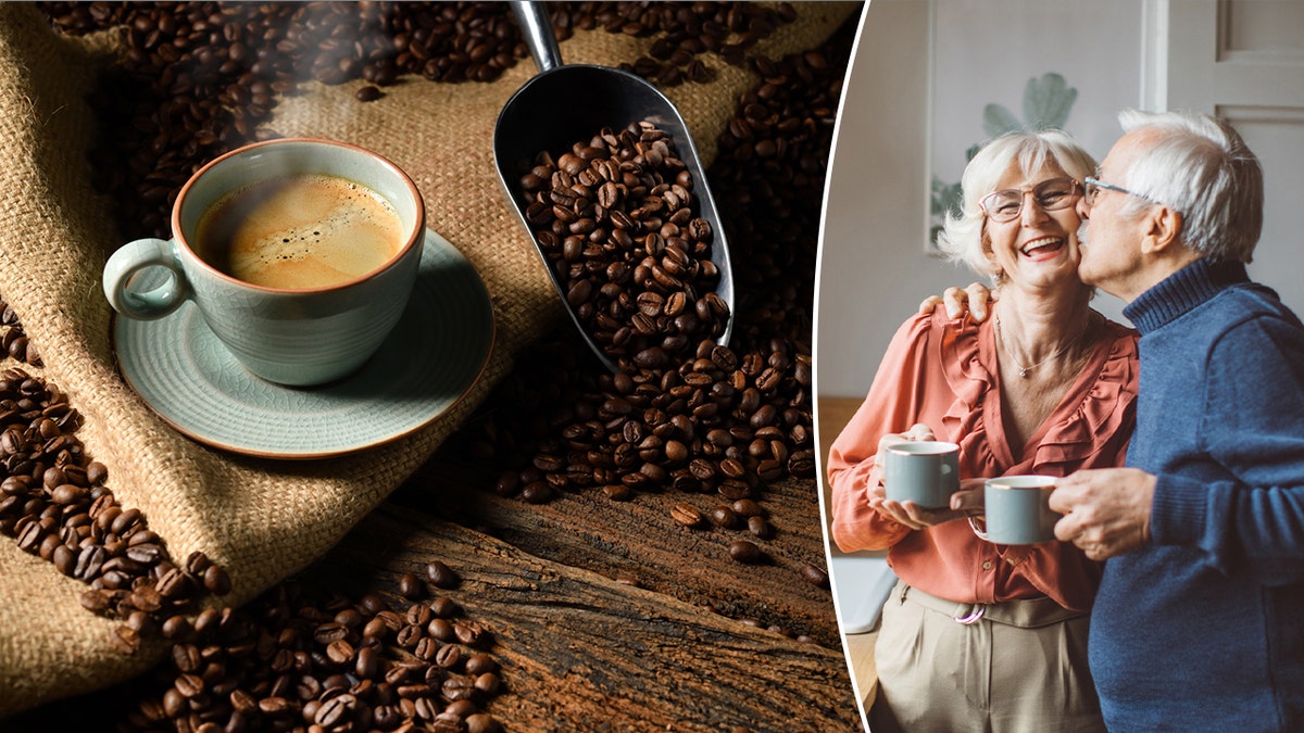 A cup of coffee next to a photo of an elderly couple enjoying a morning cup of coffee