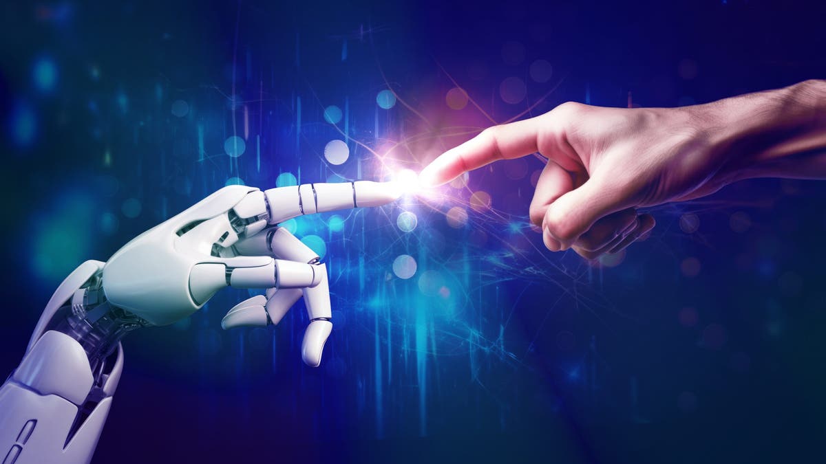 AI, Artificial intelligence, robot and human hands are touching and connecting, unity with human and ai concept, machine learning and futuristic technology background