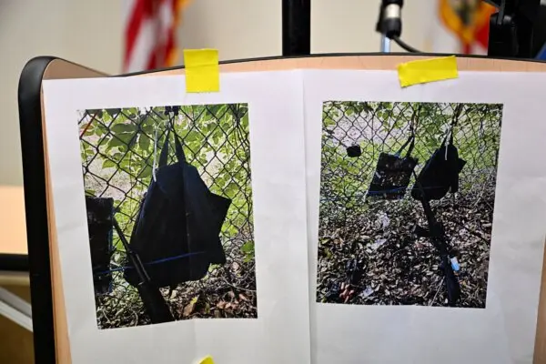 Pictures of evidence found at the golf course fence are shown at a press conference in West Palm Beach, Florida, on September 15, 2024. (Chandan Khanna/AFP via Getty Images)