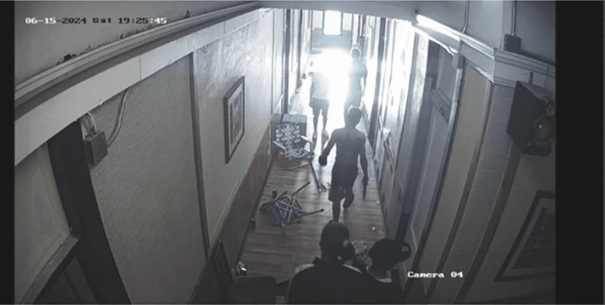 Still photos from security footage of an aggravated assault that occurred at Gateway Hotel in El Paso, Texas, on June 16, 2024. Court documents noted Venezuelan gang members residing at the hotel. (Courtesy of El Paso County Attorney)