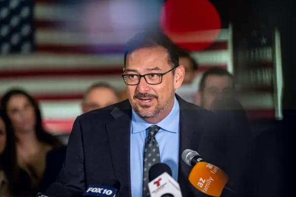 Newly elected Arizona Secretary of State Adrian Fontes gives a speech at American Legion Post 41 in Phoenix, Ariz., on Nov. 14, 2022. (Jon Cherry/Getty Images)