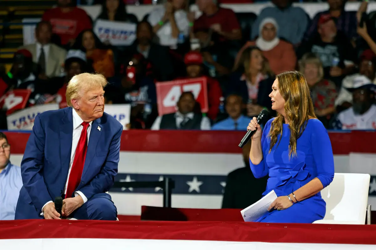 Former U.S. President and Republican presidential candidate Donald Trump attends a town hall meeting moderated by Arkansas Governor Sarah Huckabee Sanders (R) at the Dort Financial Center in Flint, Mich., on Sept.17, 2024. (Jeff Kowalsky/AFP via Getty Images)