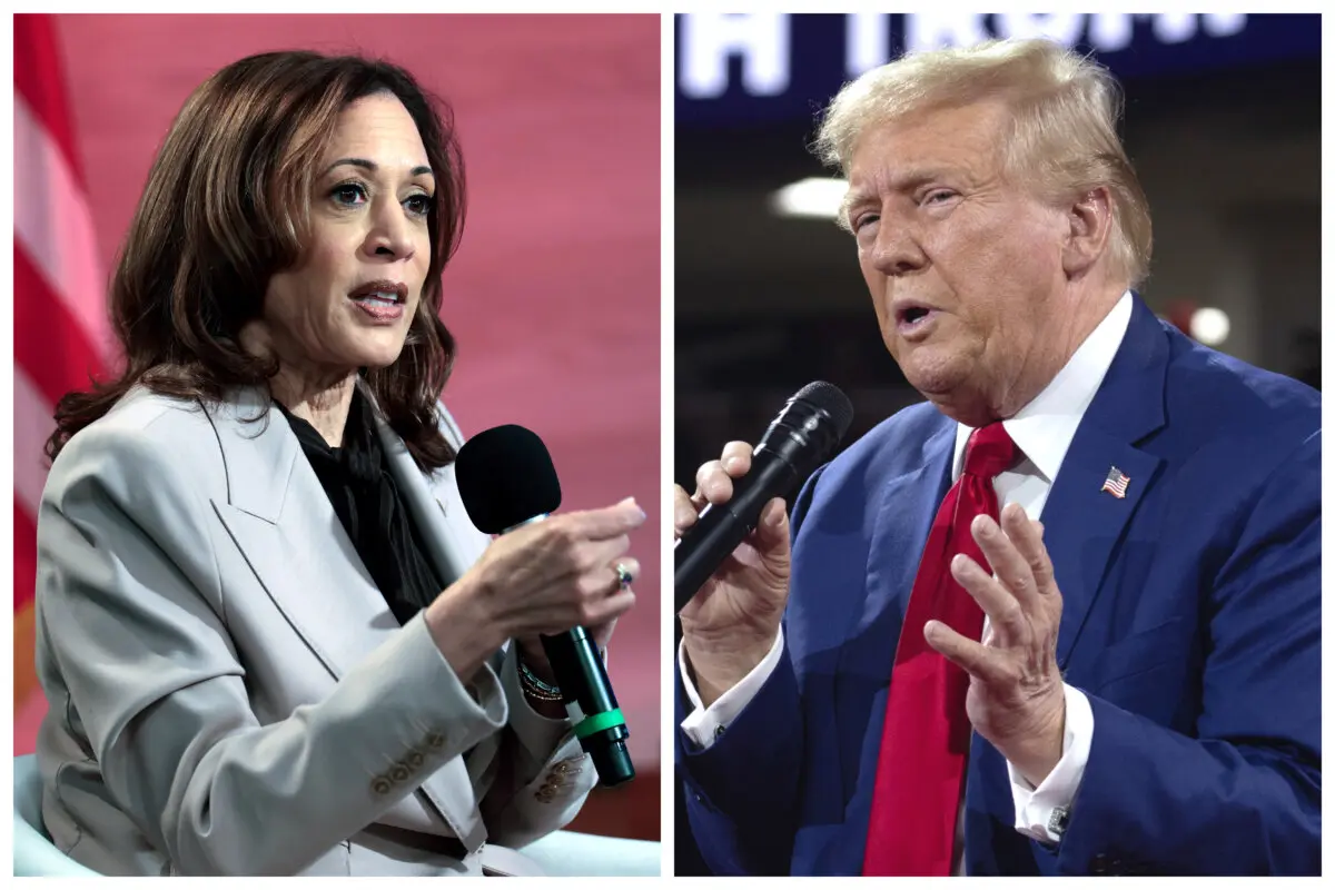 (Left) Democratic presidential nominee, Vice President Kamala Harris answers questions in Philadelphia on Sept. 17, 2024. (Right) Republican presidential nominee, former President Donald Trump holds a campaign event in Flint, Mich., on Sept. 17, 2024. (Win McNamee, Scott Olson/Getty Images)