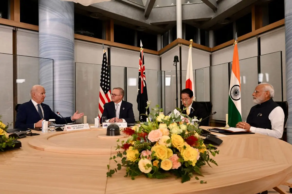 U.S. President Joe Biden, Australia's Prime Minister Anthony Albanese, Japan's Prime Minister Fumio Kishida, and India's Prime Minister Narendra Modi hold a quad meeting on the sidelines of the G7 Leaders' Summit in Hiroshima on May 20, 2023. (Kenny Holston/AFP via Getty Images)