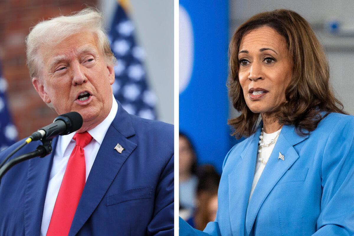 (Left) Former President Donald Trump speaks during a news conference in Bedminster, N.J., on Aug. 15, 2024. (Right) Democratic presidential candidate Vice President Kamala Harris speaks in Raleigh, N.C., on Aug. 16, 2024. (Michael M. Santiago/Getty Images; Grant Baldwin/Getty Images)