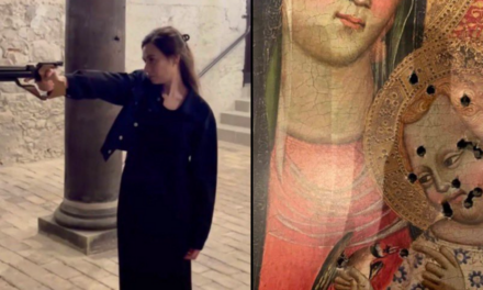 Politician uses painting of Mary and Jesus as target practice, but she’s super sorry about it